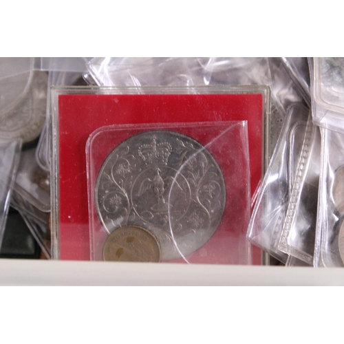 346 - A MIXED LOT OF PRE- DECIMAL UK COINAGE IN TWO PLASTIC TUBS , MUCH IN PLASTIC SLEEVES