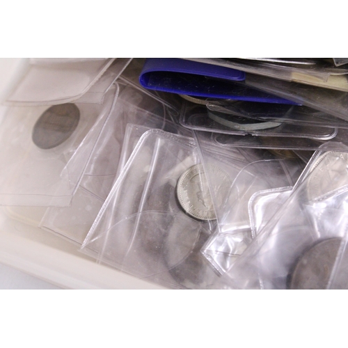 346 - A MIXED LOT OF PRE- DECIMAL UK COINAGE IN TWO PLASTIC TUBS , MUCH IN PLASTIC SLEEVES