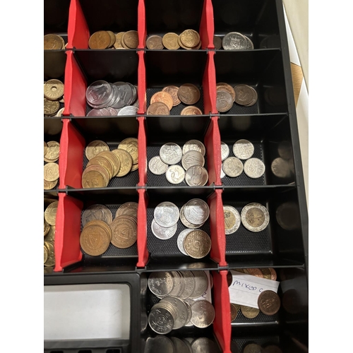 369 - A STORAGE BOX CONTAINING A LARGE QUANTITY OF FOREIGN COINS SEE LISTS FOR CONTENTS