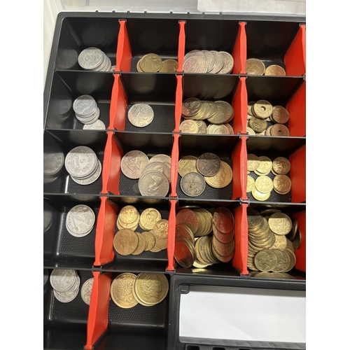 369 - A STORAGE BOX CONTAINING A LARGE QUANTITY OF FOREIGN COINS SEE LISTS FOR CONTENTS