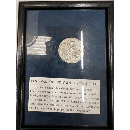 370 - A BOXED 1937 CORONATION MEDALLION PLUS FRAMED 1951 CROWN .