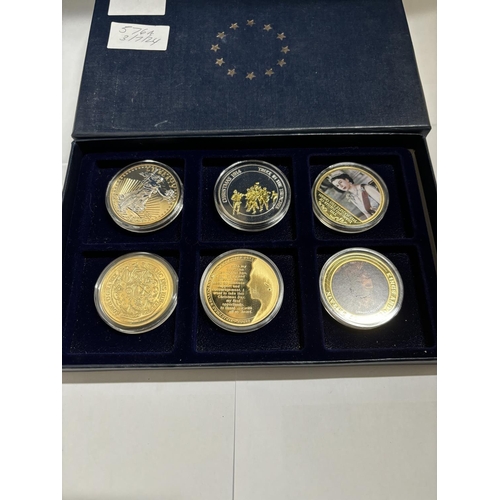 377 - A BOX OF SIX VARIOUS COMMEMORATIVE COINS