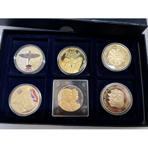 378 - A BOX OF SIX VARIOUS COMMEMORATIVE COINS