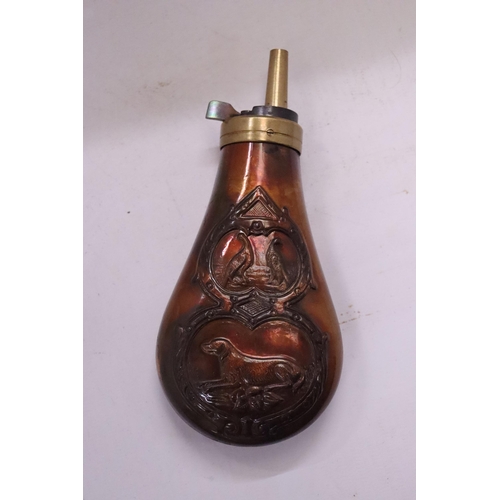 164 - A BRASS AND COPPER POWDER FLASK