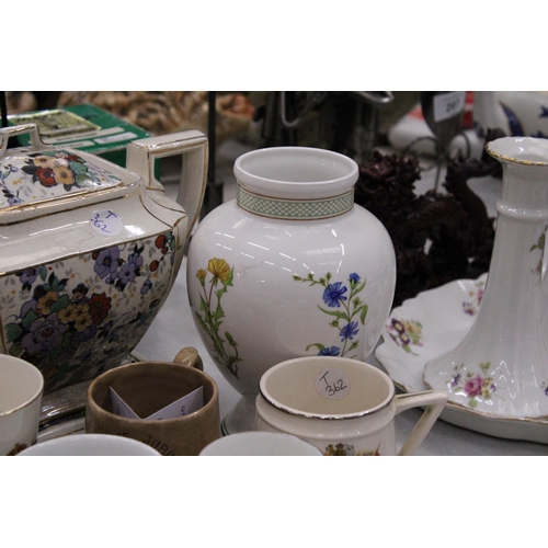 209 - A QUANTITY OF CERAMICS TO INCLUDE A VINTAGE FLORAL TEAPOT AND STAND, A VILLEROY AND BOCH VASE AND RO... 