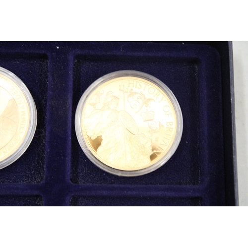 471 - SIX BOXED COMMEMORATIVE COINS TO INCLUDE THE GREATEST BRITIANS, HISTORY OF BRITIAN ETC