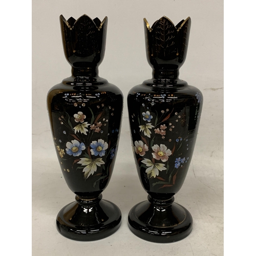 14 - A PAIR OF VICTORIAN ENAMELED BLACK AMETHYST HAND BLOWN VASES - 34.5 CM