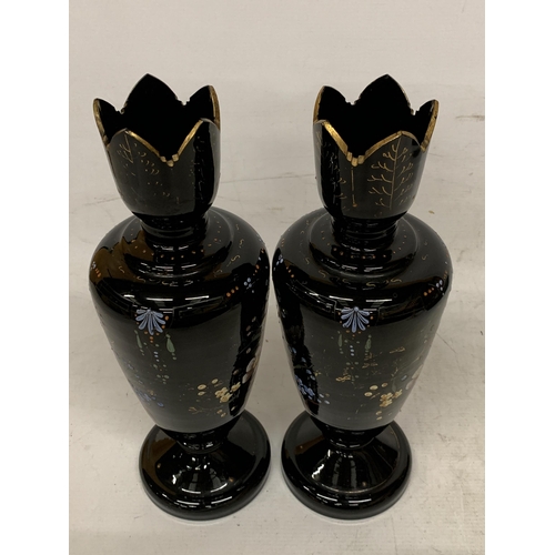 14 - A PAIR OF VICTORIAN ENAMELED BLACK AMETHYST HAND BLOWN VASES - 34.5 CM