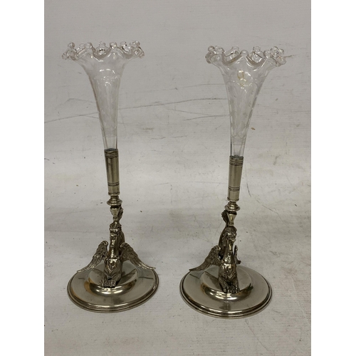 15 - A PAIR OF WHITE METAL AND GLASS SPILL VASE'S WITH WINGED DRAGON BASES - 24.5 CM