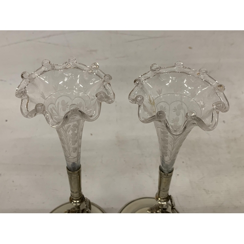 15 - A PAIR OF WHITE METAL AND GLASS SPILL VASE'S WITH WINGED DRAGON BASES - 24.5 CM