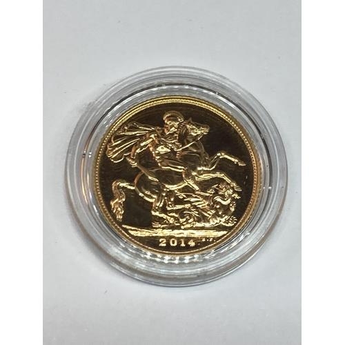 301 - A 2014 GOLD SOVEREIGN IN A CAPSULE WITH A VELVET POUCH