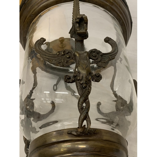 7 - A RENAISSANCE STYLE BELL JAR LANTERN PENDANT WITH THREE WINGED GARGOYLES