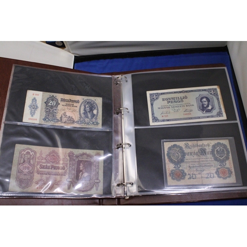 304 - A FOLDER CONTAININING 70 WORLD VINTAGE BANK NOTES TO INCLUDE HUNGARIAN PENGO, AUSTRIAN KRONEN, GERMA... 