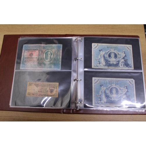 304 - A FOLDER CONTAININING 70 WORLD VINTAGE BANK NOTES TO INCLUDE HUNGARIAN PENGO, AUSTRIAN KRONEN, GERMA... 