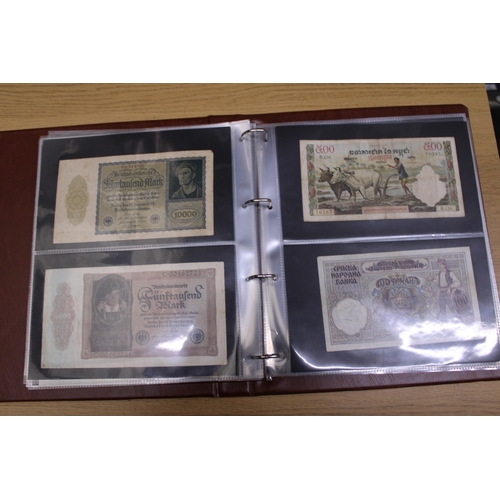 304 - A FOLDER CONTAININING 70 WORLD VINTAGE BANK NOTES TO INCLUDE HUNGARIAN PENGO, AUSTRIAN KRONEN, GERMA... 