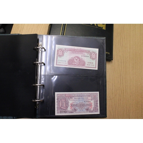 311 - A FOLDER CONTAINING A QUANTITY OF VINTAGE WORLD BANK NOTES TO INCLUDE A COLLECTION OF BRITISH ARMED ... 