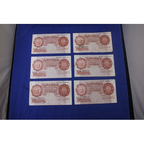 313 - SIX BANK OF ENGLAND TEN SHILLINGS' NOTES FEATURING QUEEN ELIZABETH II SIGNED BY CHIEF CASHIER L.K. O... 