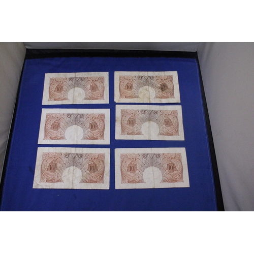 313 - SIX BANK OF ENGLAND TEN SHILLINGS' NOTES FEATURING QUEEN ELIZABETH II SIGNED BY CHIEF CASHIER L.K. O... 