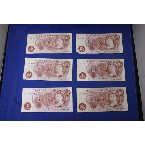 314 - SIX BANK OF ENGLAND TEN SHILLINGS' NOTES FEATURING QUEEN ELIZABETH II SIGNED BY CHIEF CASHIER J.S. F... 