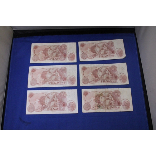 314 - SIX BANK OF ENGLAND TEN SHILLINGS' NOTES FEATURING QUEEN ELIZABETH II SIGNED BY CHIEF CASHIER J.S. F... 