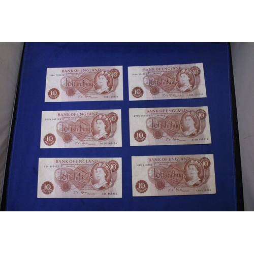 315 - SIX BANK OF ENGLAND TEN SHILLINGS' NOTES FEATURING QUEEN ELIZABETH II SIGNED BY CHIEF CASHIER J.S. F... 