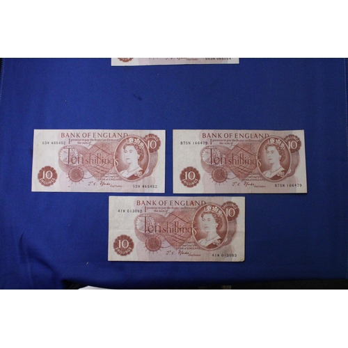 315 - SIX BANK OF ENGLAND TEN SHILLINGS' NOTES FEATURING QUEEN ELIZABETH II SIGNED BY CHIEF CASHIER J.S. F... 