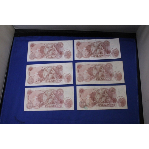 315 - SIX BANK OF ENGLAND TEN SHILLINGS' NOTES FEATURING QUEEN ELIZABETH II SIGNED BY CHIEF CASHIER J.S. F... 