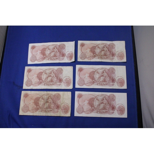 316 - SIX BANK OF ENGLAND TEN SHILLINGS' NOTES FEATURING QUEEN ELIZABETH II SIGNED BY CHIEF CASHIER J.S. F... 