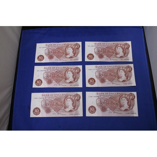 317 - SIX BANK OF ENGLAND TEN SHILLINGS' NOTES FEATURING QUEEN ELIZABETH II SIGNED BY CHIEF CASHIER J.S. F... 