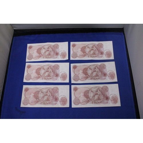 317 - SIX BANK OF ENGLAND TEN SHILLINGS' NOTES FEATURING QUEEN ELIZABETH II SIGNED BY CHIEF CASHIER J.S. F... 