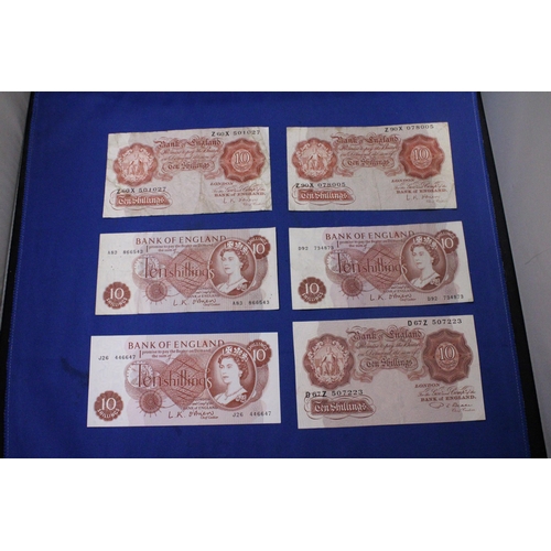 318 - SIX BANK OF ENGLAND TEN SHILLINGS' NOTES FEATURING QUEEN ELIZABETH II FIVE SIGNED BY CHIEF CASHIER L... 