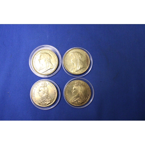 405 - FOUR GOLD PLATED REPLICA COINS APPROXIMATELY 38MM DIAMETER