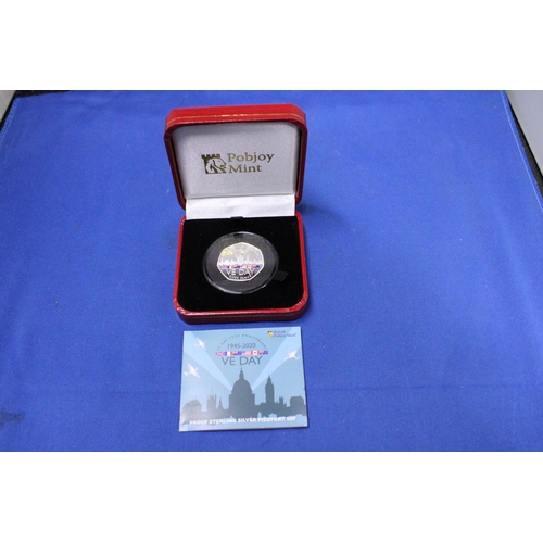 406 - A PROOF STERLING SILVER PIEDFORT 50P TO CELEBRATE VE DAY 75TH ANNIVERSARY IN A PRESENTATION BOX WITH... 