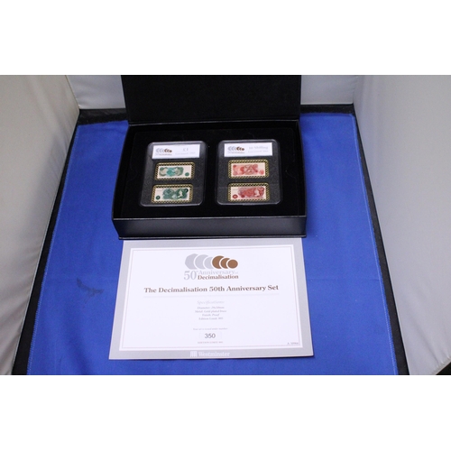 407 - A LIMITED EDITION DECIMALISATION 50TH ANNIVERSARY PROOF SET, GOLD PLATED BRASS 350/995 IN A PRESENTA... 