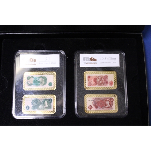 407 - A LIMITED EDITION DECIMALISATION 50TH ANNIVERSARY PROOF SET, GOLD PLATED BRASS 350/995 IN A PRESENTA... 