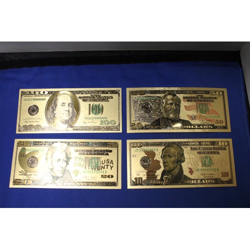 411 - SEVEN 24 CARAT GOLD FOIL UNITED STATES OF AMERICA DOLLARS OF VARIOUS DENOMINATIONS