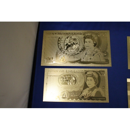 412 - A SET OF FOUR 24 CARAT GOLD FOIL GREAT BRITIAN NOTES TO INCLUDE A £20, £10, £5 AND £1 WITH CERTIFICA... 