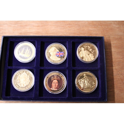 471 - SIX BOXED COMMEMORATIVE COINS TO INCLUDE THE GREATEST BRITIANS, HISTORY OF BRITIAN ETC