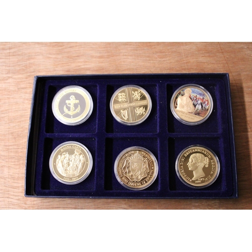 471 - SIX BOXED COMMEMORATIVE COINS TO INCLUDE THE GREATEST BRITIANS, HISTORY OF BRITIAN ETC