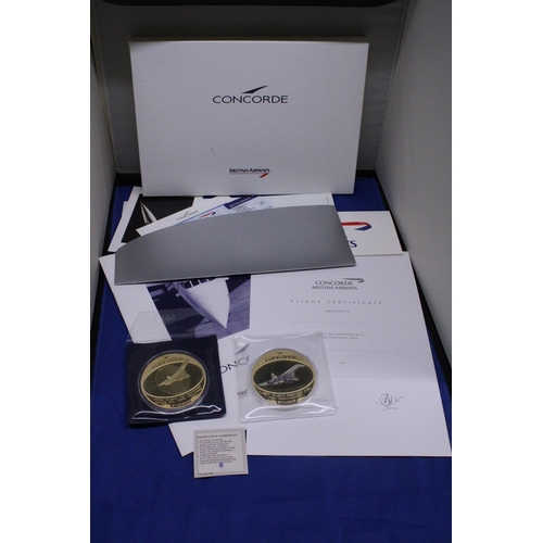 485 - TWO LARGE GOLD PLATED COINS THE FINAL FLIGHT TO COMMENORATE CONCORDES FINAL FLIGHT TO TOULOUSE 27.06... 