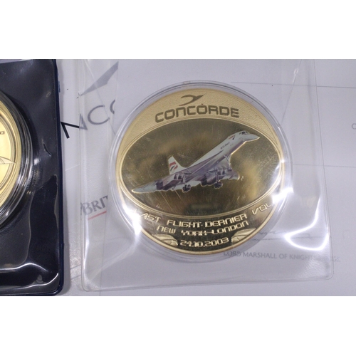 485 - TWO LARGE GOLD PLATED COINS THE FINAL FLIGHT TO COMMENORATE CONCORDES FINAL FLIGHT TO TOULOUSE 27.06... 