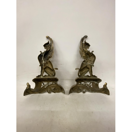 178 - A PAIR OF HEAVY BRASSVINTAGE 'GRYPHON' FIRE DOG FRONTS, HEIGHT 43CM