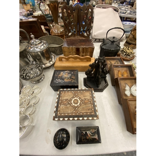 191 - A QUANTITY OF VINTAGE TREEN ITEMS TO INCLUDE A CORNER SHELF, ORIENTAL BOXES, ETC