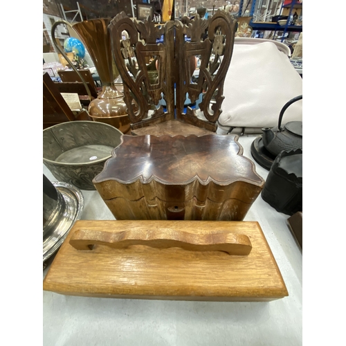 191 - A QUANTITY OF VINTAGE TREEN ITEMS TO INCLUDE A CORNER SHELF, ORIENTAL BOXES, ETC