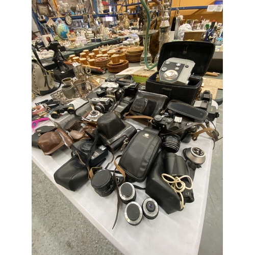 205 - A LARGE COLLECTION OF VINTAGE CAMERAS AND ACCESSORIES TO INCLUDE CANON, FUJIFILM, MINOLTA, ZENIT, OL... 