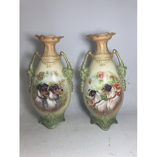 22 - A PAIR OF ANTIQUE VASES WITH TWIN HANDLES IN THE SHAPE OF GOATS DEPICTING SCHNAUZER DOGS - 30.5 CM