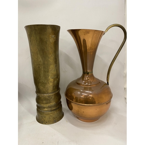 223 - A QUANTITY OF VINTAGE COPPER AND BRASS TO INCLUDE A  KETTLE WITH ACORN FINIAL, LARGE TRENCH ART STYL... 