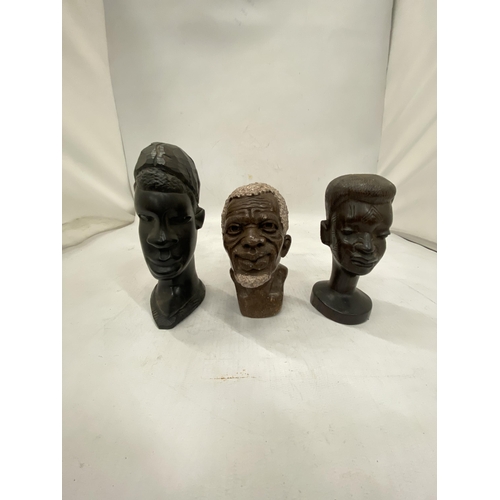 225 - THREE AFRICAN BUSTS TO INCLUDE TWO WOOD AND ONE STONE