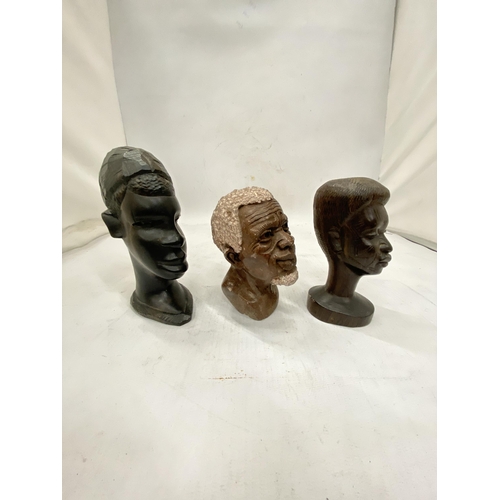 225 - THREE AFRICAN BUSTS TO INCLUDE TWO WOOD AND ONE STONE