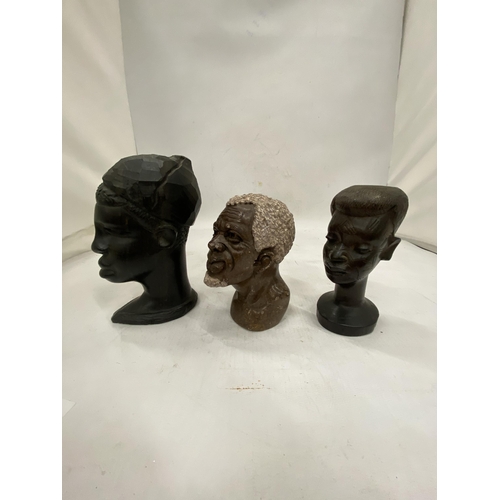 225 - THREE AFRICAN BUSTS TO INCLUDE TWO WOOD AND ONE STONE